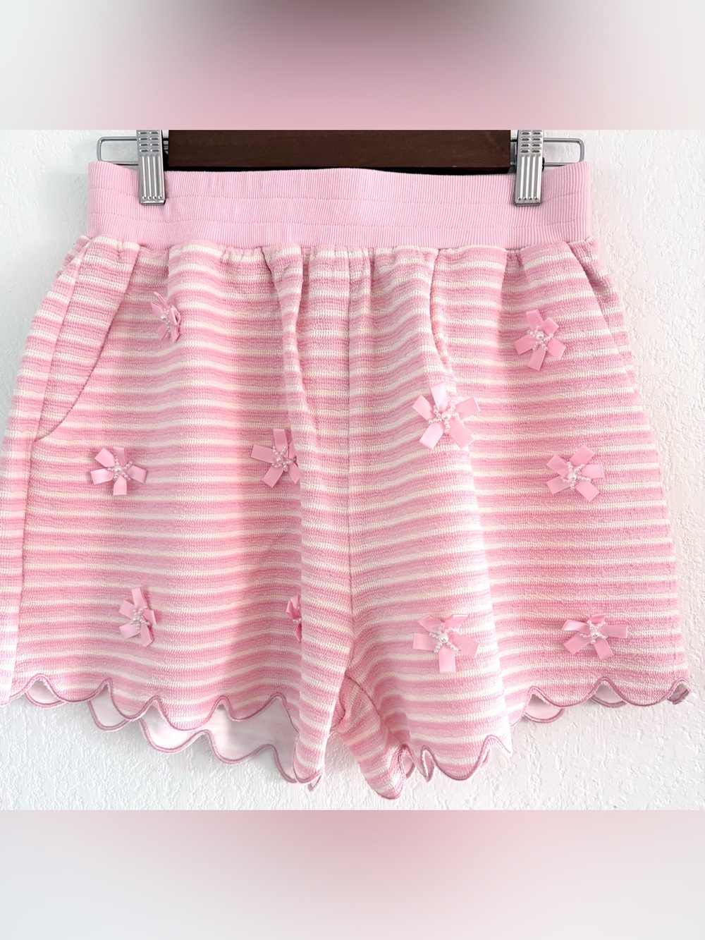 Peach Love California Pink & White Striped Scallop Hem Shorts with Bows